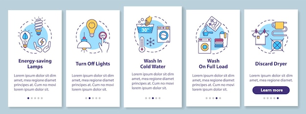 Energy saving tips onboarding mobile app page screen with concepts. Saving money on water and electricity walkthrough five steps graphic instructions. UI vector template with RGB color illustrations