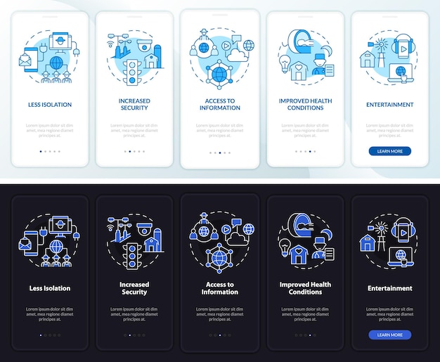 Servizi energetici e re modalità notte e giorno onboarding schermata dell'app mobile procedura guidata 5 passaggi pagine di istruzioni grafiche con concetti lineari modello gui ui ux miriadi di caratteri probold utilizzati regolarmente