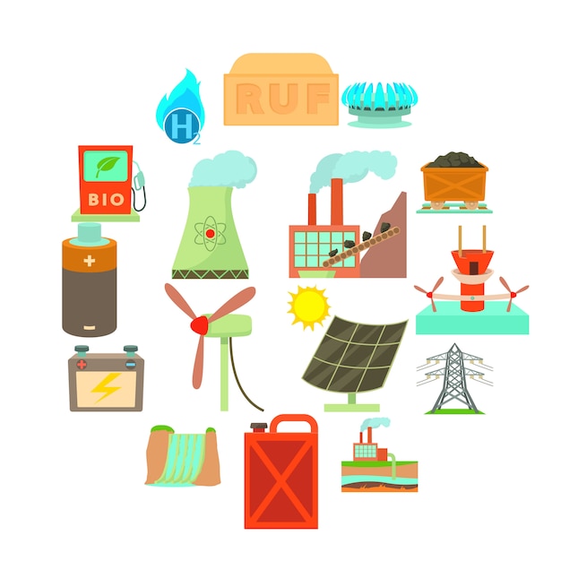 Energy sources items icons set, cartoon style