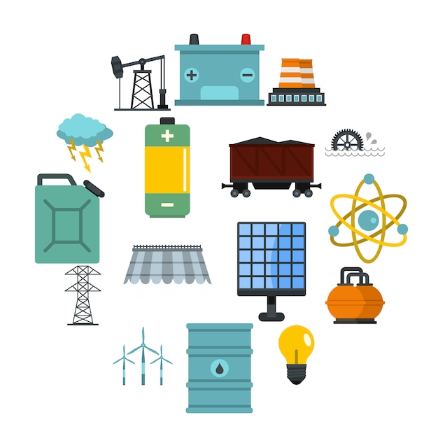 Energy sources items icons set in flat style