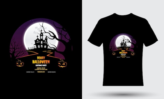 Eng Halloween-kostuumfeest t-shirtontwerp met jagershuis en volle maan