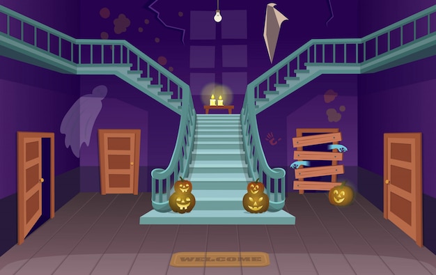 Eng huis met trappen, geesten, deuren, pompoenen. halloween cartoon vectorillustratie.