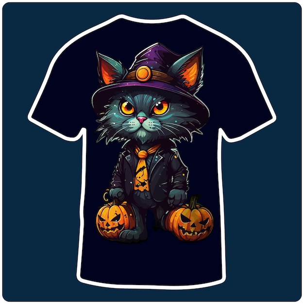 Eng van de de partijillustratie van Halloween van de Pompoenen van de Kat de t-shirtontwerp