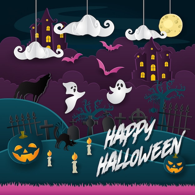 Enge paper art style happy halloween card