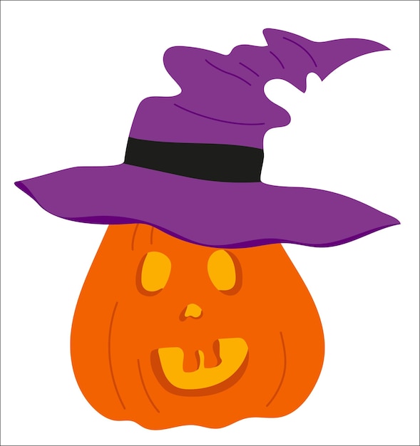 Enge pompoen in een heksenhoed voor Halloween Pompoenlantaarn Halloween-symbool Vector tekening