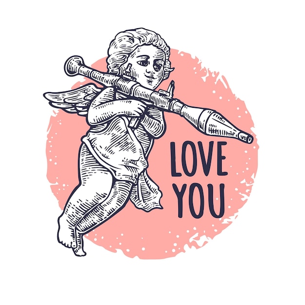 Engel met een granaatwerper LOVE YOU belettering Vector gravure