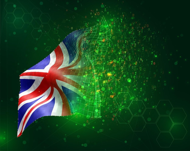 Engeland, vector 3d vlag op groene achtergrond met veelhoeken en gegevensnummers