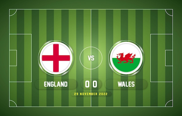 Engeland vs Wales 2022 wedstrijd met scorebord en stadionachtergrond