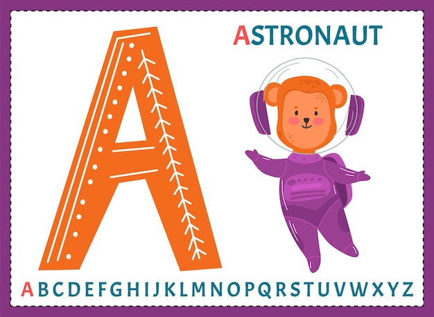 Engels alfabet met cartoon schattige kinderen illustraties Kinderen leermateriaal Letter A Illustratie van een schattige astronaut in de ruimte Monkey