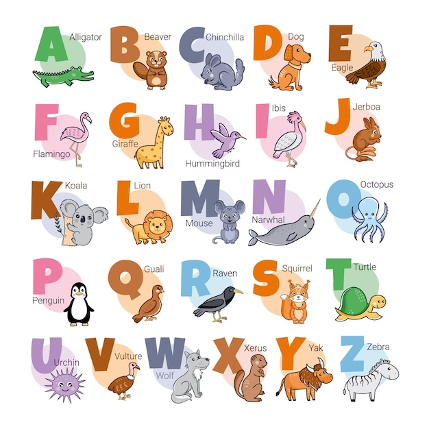 Vector engels alfabet met dieren voor kinderen affiche voor kinderkamer