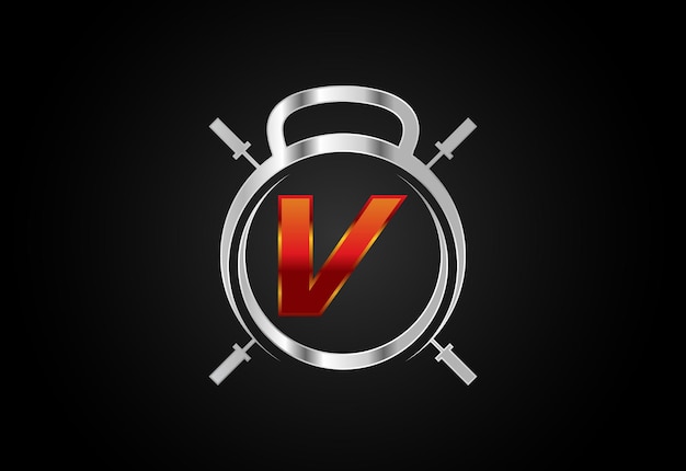 Engels alfabet V met gym en fitness teken Hijs vector logo ontwerp Vector logo voor bodybuilding