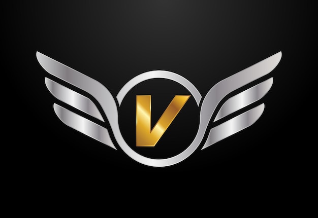 Vector engels alfabet v met vleugels logo ontwerp auto- en automotive vector logo concept