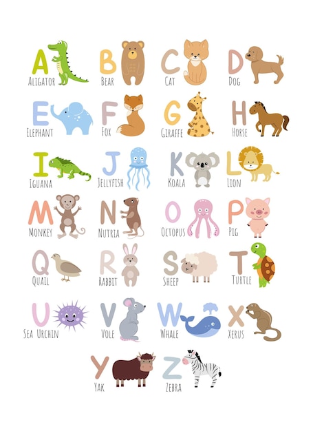 Engels alfabet voor kinderen met afbeeldingen van schattige dieren. Kinderalfabet om letters te leren. Vector van een stripfiguur. Dierentuin en dieren.