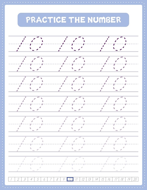 Engels cursief nummer traceren handschrift Oefen werkblad met pijl richting nummer 10