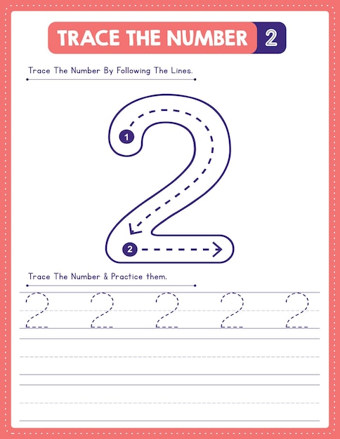 Engels Nummer Tracing Handschrift Oefenwerkblad Met Pijlrichting Nummer 2