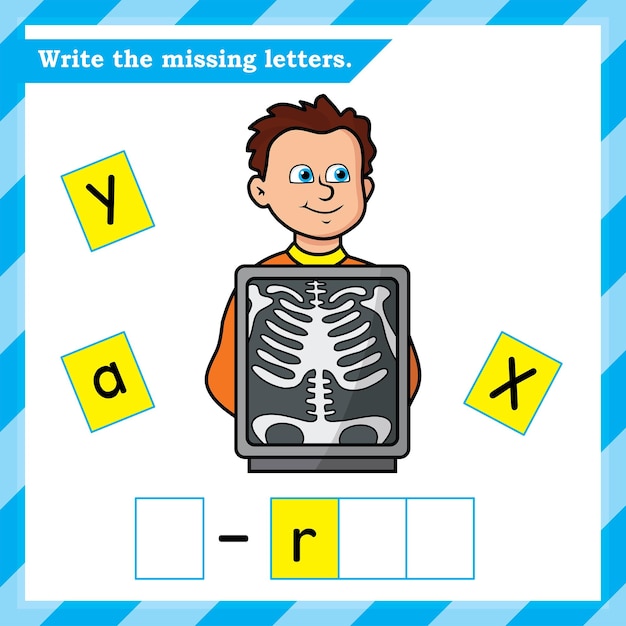 Engels werkblad voor kinderen - schrijf de ontbrekende letters - alfabetoefenblad - röntgen
