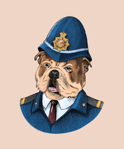 Engelse bulldog hond gekleed in politiepak mode dier personage in kleding handgetekende schets