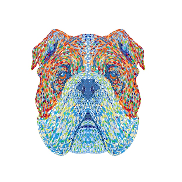 Engelse Bulldog of Britse Bulldog Hoofd Vooraanzicht Pointillistische impressionistische pop-artstijl