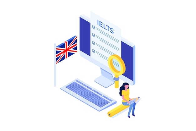 Engelse taalvaardigheidstest en examen ielts international english language testing system isometrische vectorillustratie