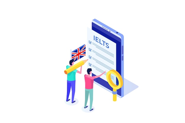 Engelse taalvaardigheidstest en examen ielts international english language testing system isometrische vectorillustratie