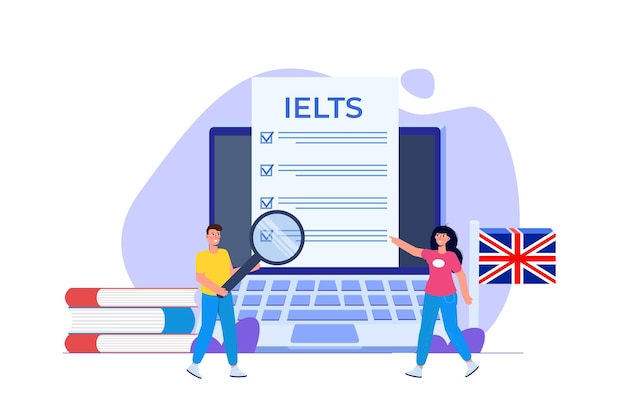 Engelse taalvaardigheidstest en examen IELTS International English Language Testing System Vector illustratie