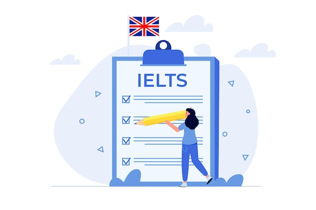 Engelse taalvaardigheidstest en examen IELTS International English Language Testing System Vector illustratie