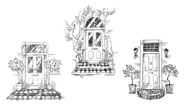 Engelse traditionele toegangsdeuren met bloempotten en lantaarns, vectorschets