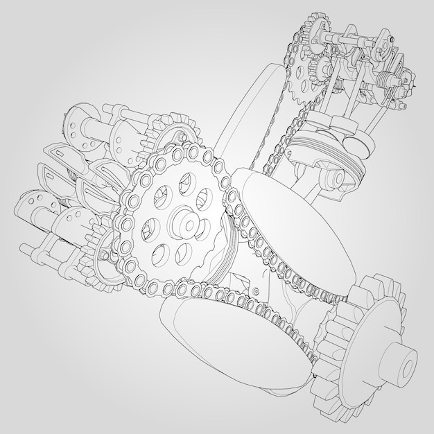 Engine components in disassembled state. Vector illustration of lines.