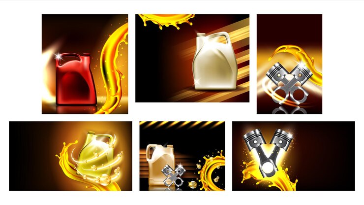 Vector engine oil car repair service posters set vector. collection of different creative advertise banners with car engine detail cylinder, motor oil container and splash mockup realistic 3d illustrations