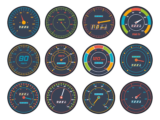 Le icone del tachimetro del motore hanno messo nella progettazione piana. insieme delle icone dell'indicatore di livello del tachimetro dell'automobile isolate su fondo bianco.