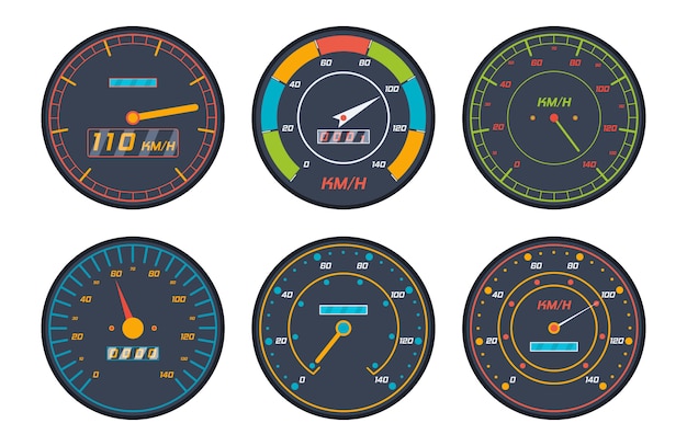 Engine speedometer icons set in flat design. Set of car speedometer level indicator icons isolated on white background.  