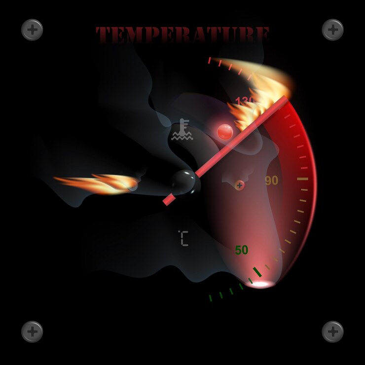 Vector engine temperature on fire on an isolated black background car temperature sensor in vintage design vector