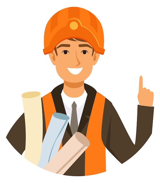engineer cartoon character man in hard hat hold blueprints