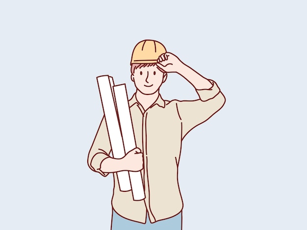 Engineer construction worker wearing safety helmet holding paper plan simple korean style illustration