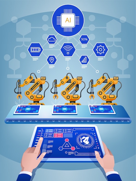 engineer hand using tablet, heavy automation robot arm machine in smart factory. artificial intelligence industry 4th iot concept. 