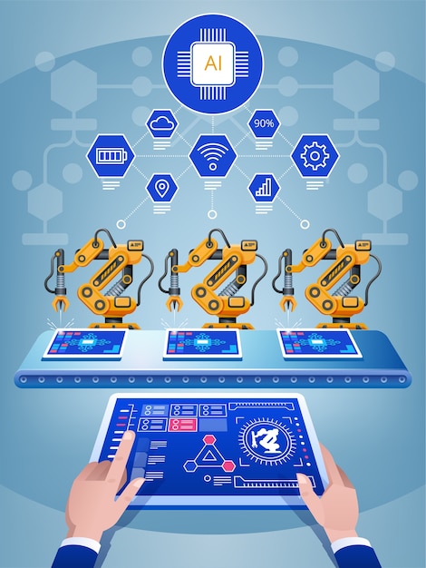 Vettore mano di ingegnere utilizzando tablet, macchina braccio robotico di automazione pesante in fabbrica intelligente. intelligenza artificiale industria 4 ° concetto iot.