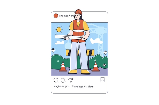 ベクトル フラット漫画デザインのエンジニア instagram 投稿コンセプト建設現場のエンジニア