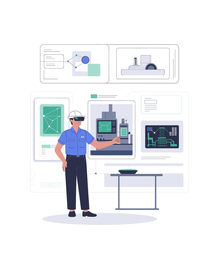 Vector engineer interacting with virtual reality in a smart factory