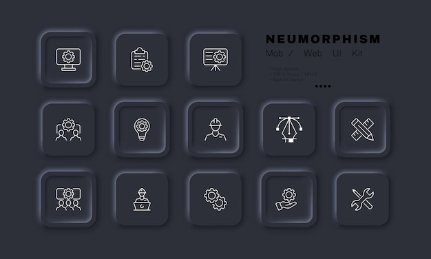 Icona del set di lavoro dell'ingegnere computer ingranaggio lavagna a fogli mobili lavoro di squadra costruire flusso di lavoro lampadina idea creativa matita righello casco chiave cacciavite concetto di costruzione neomorfismo icona linea vettoriale