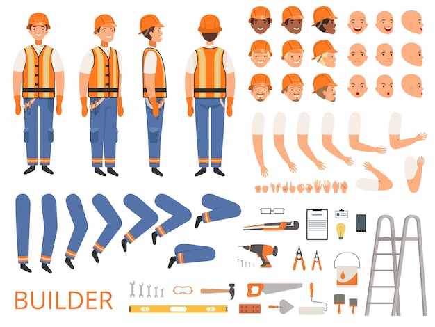 Engineer karakter animatie. Lichaamsdelen en specifieke hulpmiddelen van bouwersbouwer met de handen van het hoofdlichaamswapens