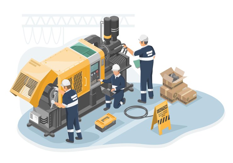 Vector engineer maintenance concept failure machine isometric industrial employee worker fixing in factory