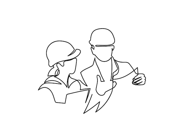 Инженер мужчина и женщина разговаривают вместе, строят непрерывный рисунок линии