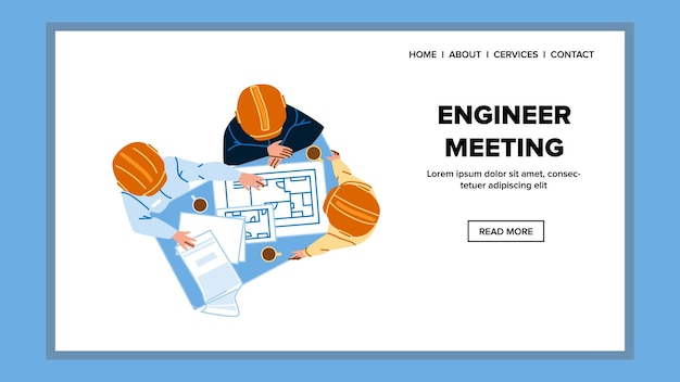 Engineer meeting for discuss building plan vector men builders\
discussing house blueprint on engineer meeting and research\
documentation characters engineering work web flat cartoon\
illustration