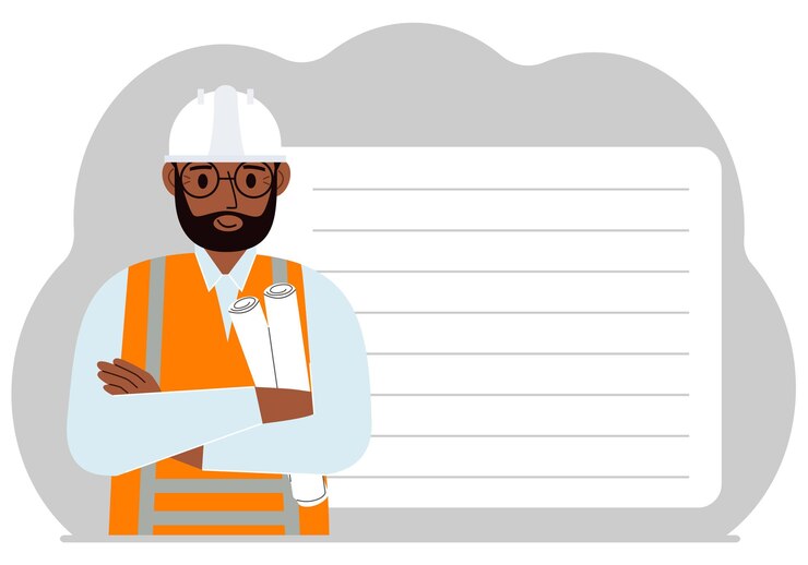Vector engineer near the construction crane builder holding blueprints near construction machinery