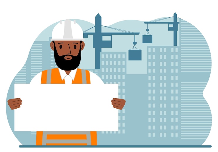 Vector engineer near houses under construction and construction cranes builder holds a large white sheet