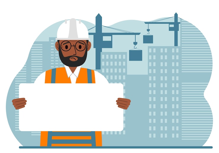 Vector engineer near houses under construction and cranes builder holds a large white sheet for text