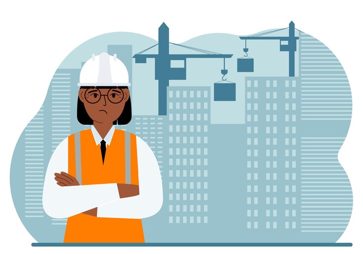 Vector engineer near houses under construction and cranes builder holds a large white sheet for text