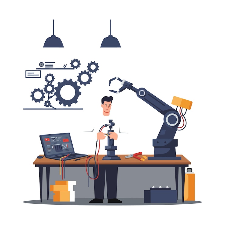 Vector engineer operating robotic arm in a modern workspace with technical equipment and gears