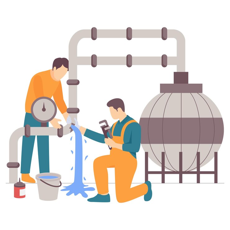 Vector engineer repairing spherical natural gas tank pipes concept pipefitter dealing with marine piping