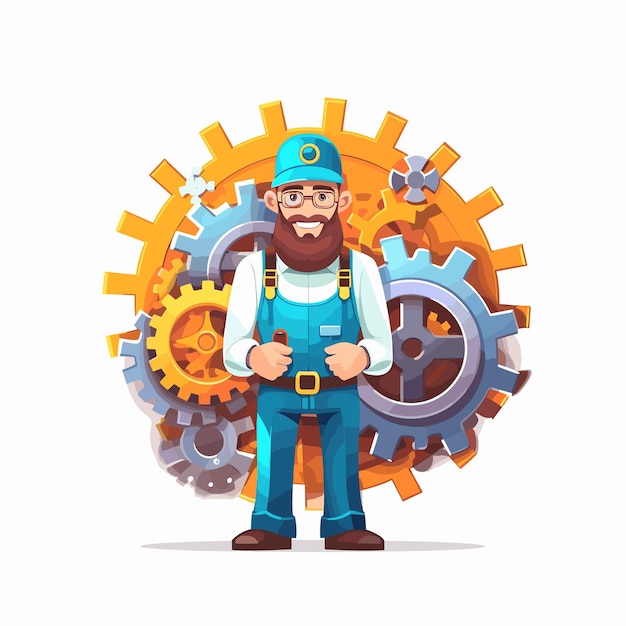 Engineer in a safety helmet surrounded by gears Vector illustration